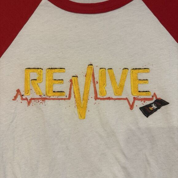 Revive Main White Red Raglan 3/4 Sleeve Baseball Tee Shirt Graphic Print Top - Picture 2 of 6